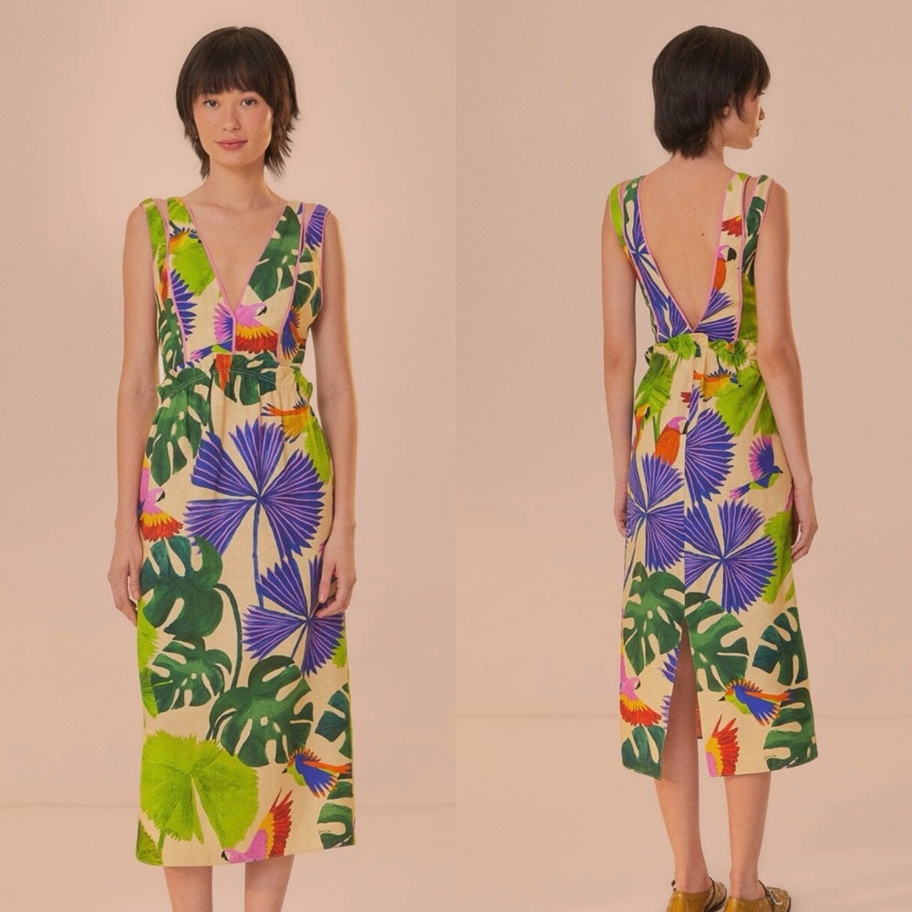 FARM RIO Sand Macaw Jungle V Neck Midi Dress Linen Blend Tropical Small S EUC